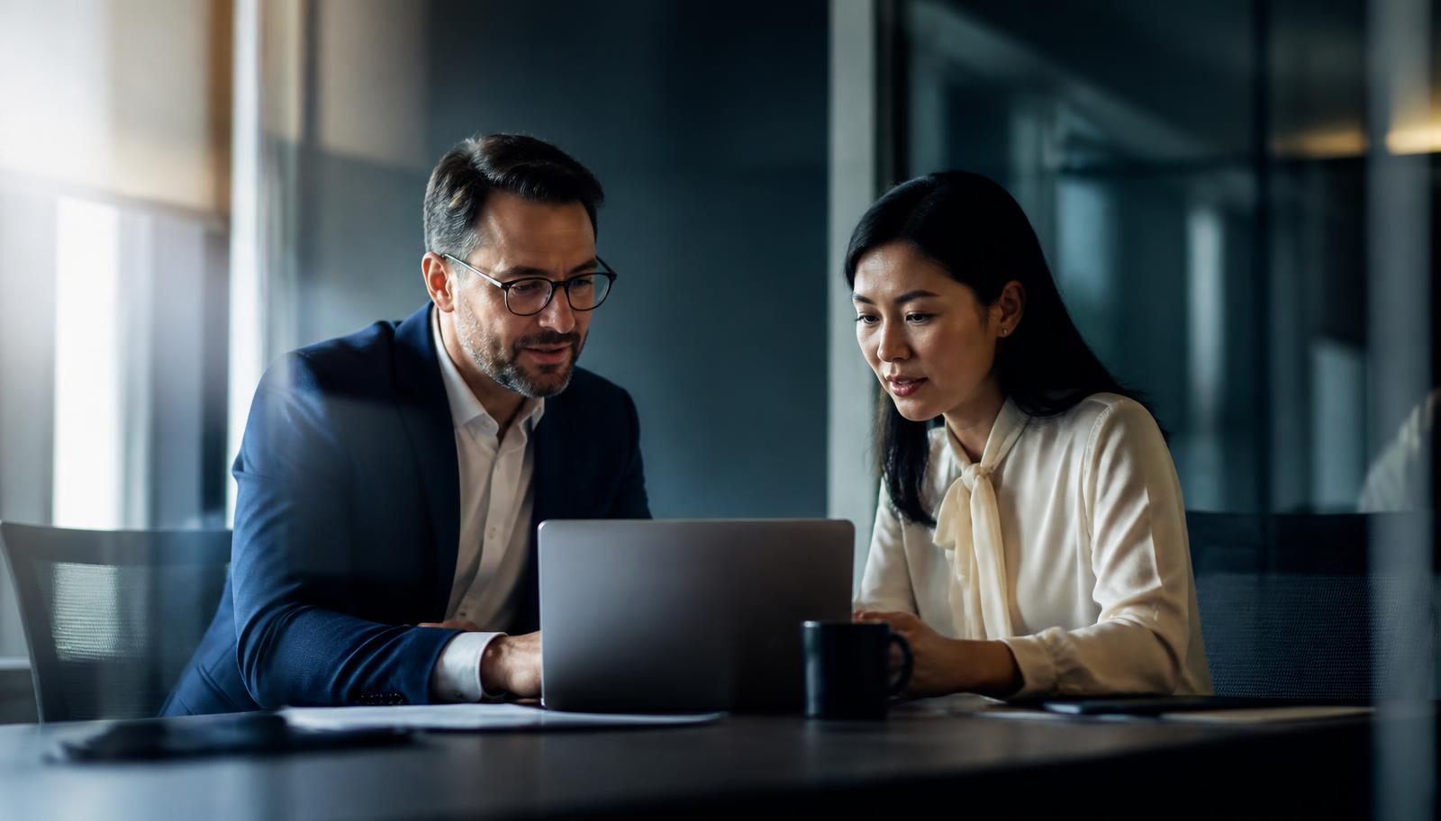 Two hiring managers reviewing candidate evidence together on a laptop