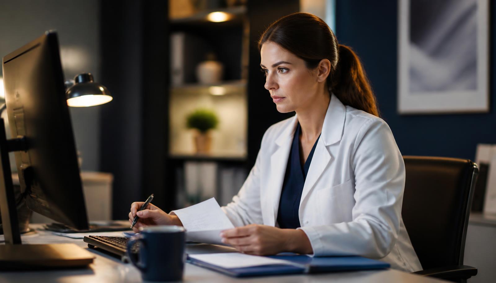 Clinical research professional reviewing study documents at a workstation